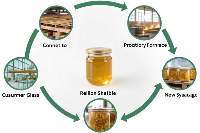 circular glass honey jar lifecycle infographic from furnace to reusable packaging