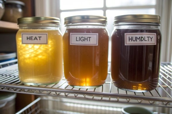 glass honey jars labeled heat light and humidity in storage test
