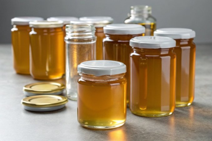 assorted clear glass honey jars with white metal lids on grey background