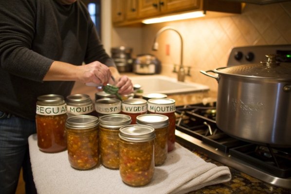 home cook tightening lids on freshly canned jars of vegetables beside stockpot