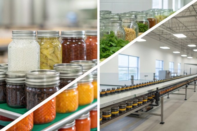 collage of glass jars on conveyor, filled with food ingredients in modern factory