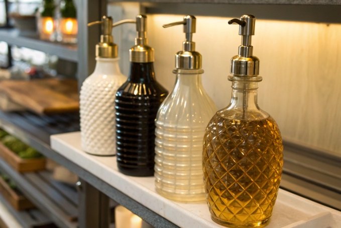 decorative glass pump bottles for oil or liquid soap on display shelf