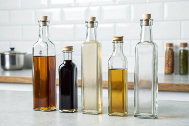 assorted tall square glass oil and vinegar bottles with wooden stoppers