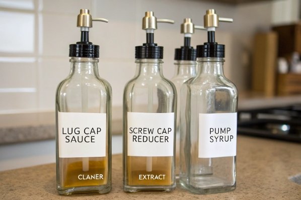 square glass pump bottles labeled for sauces extracts and syrups