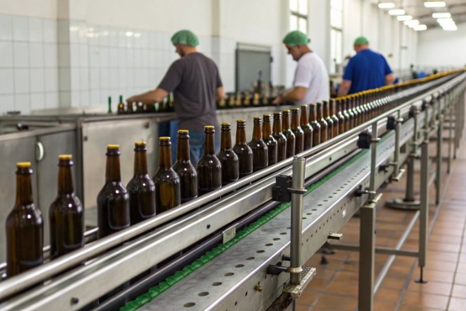 beer bottles moving along automated glass bottle filling conveyor line