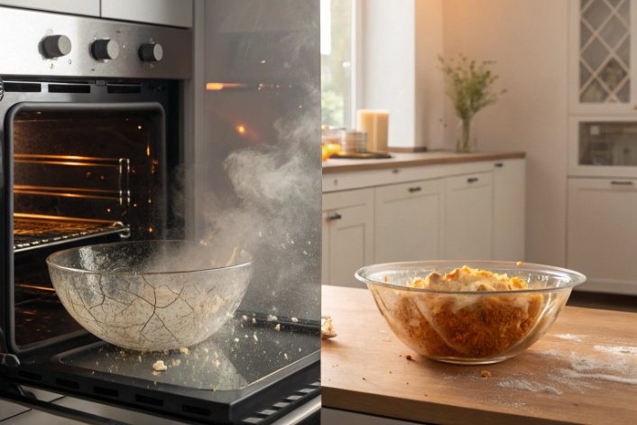 Broken glass bowl in oven, kitchen mishap