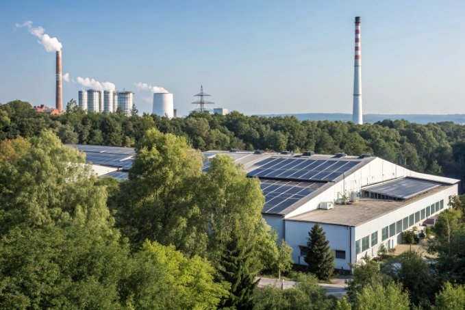 Factory with solar panels, eco-friendly production