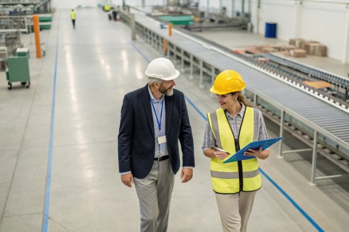 Factory workers in conversation, warehouse tour