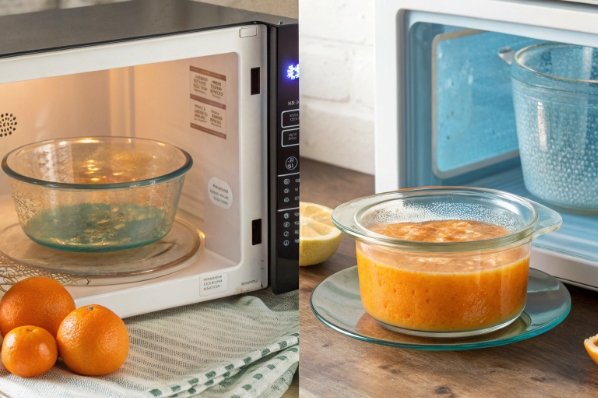 Microwave-safe borosilicate glass bowls heating soup and citrus