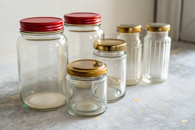 Assorted clear glass jars with red and gold metal lids
