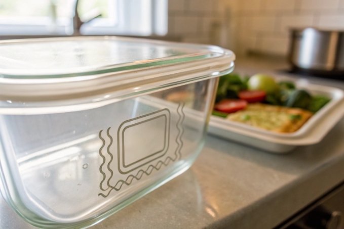 Glass food container with microwave safe icon on kitchen counter