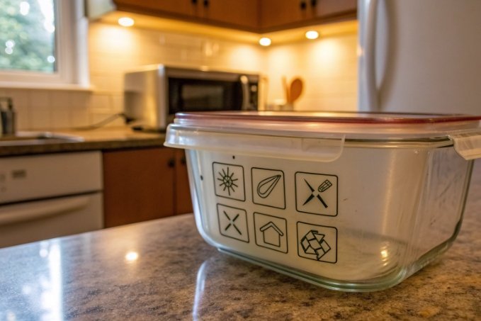Glass storage container shows care symbols and airtight red lid