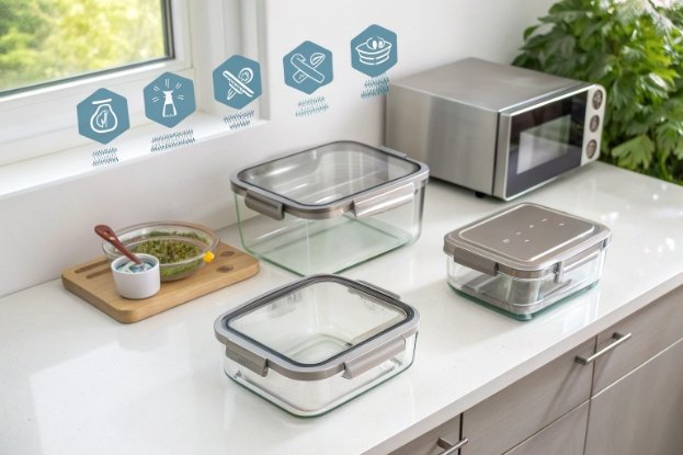 Microwave-safe glass food containers with feature icons on kitchen counter