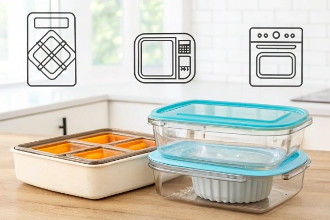 Glass containers with blue lids for dishwasher, microwave and oven