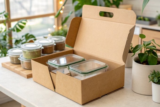 Kraft packaging box with glass food containers and jars on table