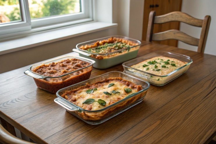 Four casseroles in oven-safe glass dishes on dining table
