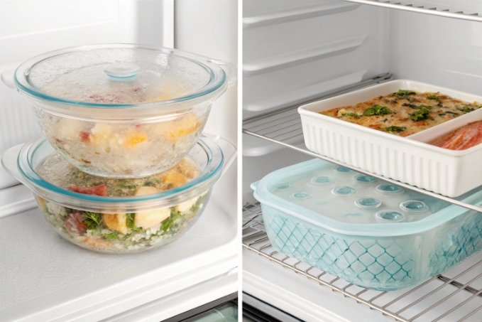 Freezer storing meals in glass containers with airtight lids