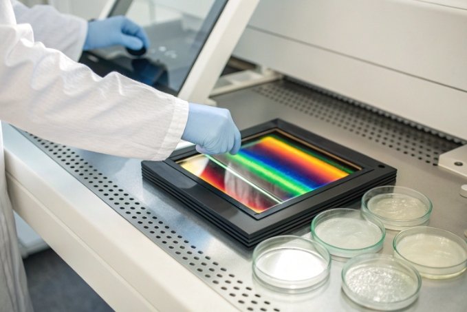 Laboratory spectrometer testing with glass petri dishes on bench