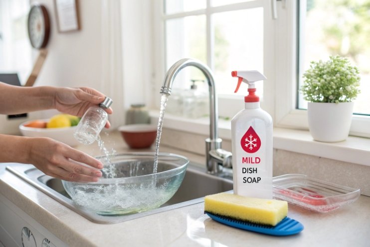 Person adding mild dish soap to a bowl with water in the kitchen