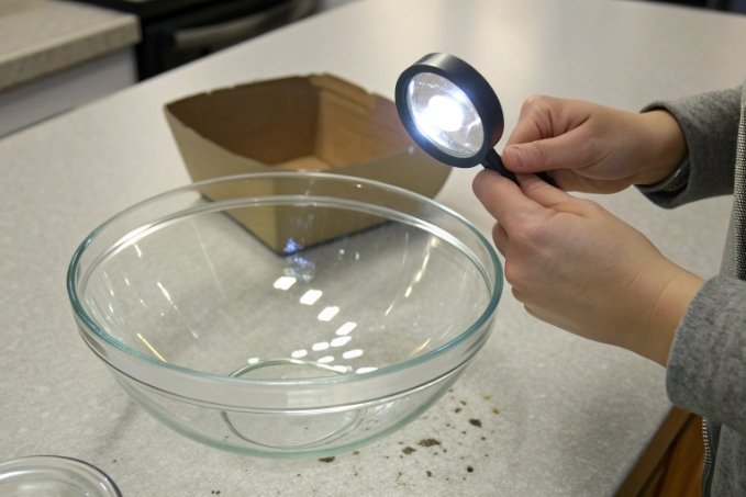Person inspecting a glass bowl with a magnifying glass