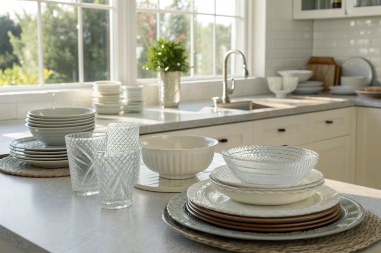 Stacked glassware and plates on a kitchen counter