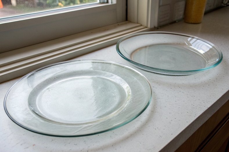 Two glass plates drying on a kitchen windowsill