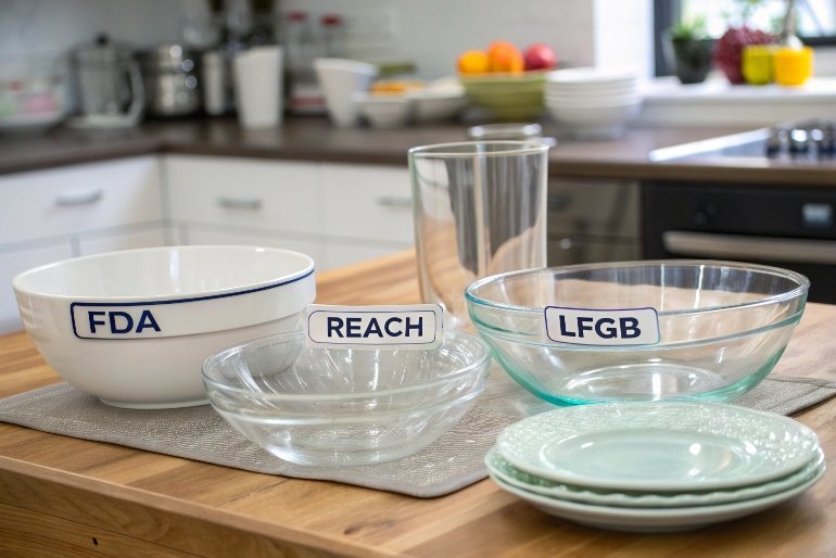 Various bowls and plates with certification labels (FDA, REACH, LFGB)