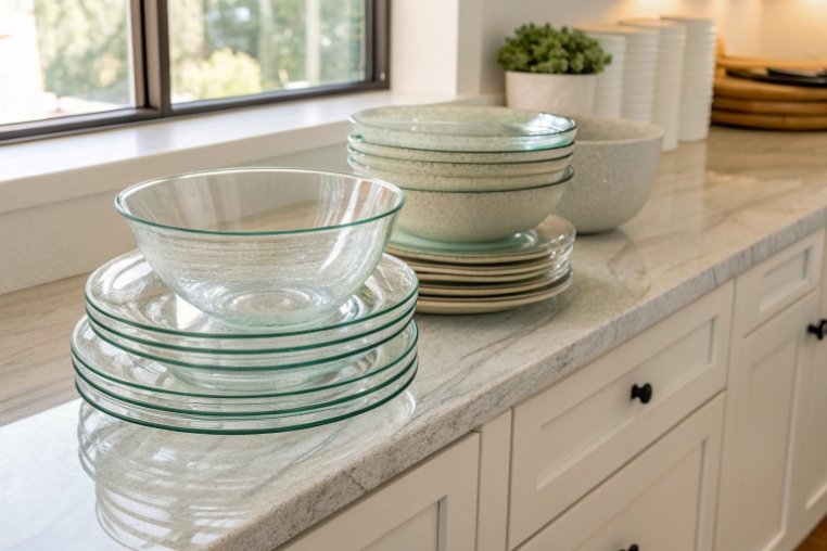 Stacked glass plates and bowls on a kitchen countertop