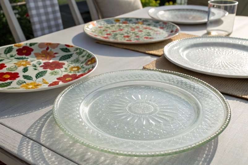 Floral and clear glass plates set on a dining table