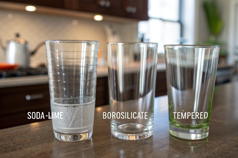 Comparison of soda-lime, borosilicate and tempered glass tumblers on kitchen counter