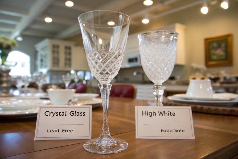 Crystal glass goblets labeled lead-free and high white food safe on display table