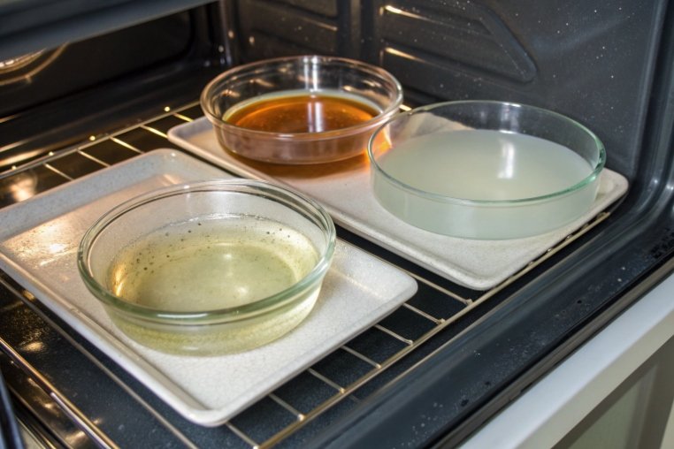 Round glass baking dishes with liquids heating on oven rack for testing