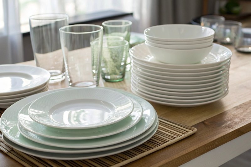 Stacked white plates, bowls and clear drinking glasses on dining table