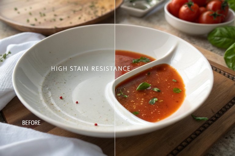 High stain resistance comparison on white divided soup plate