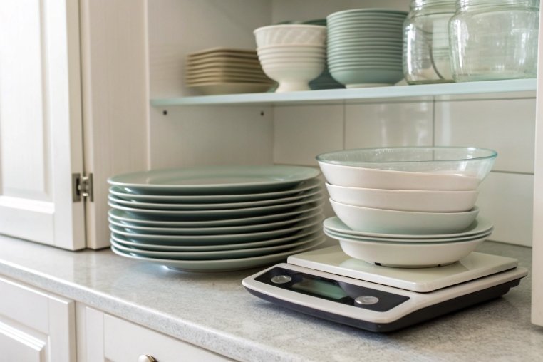 Stacked plates and bowls weighed on digital kitchen scale