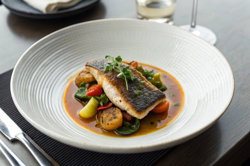 Gourmet fish fillet served with vegetables on elegant white plate