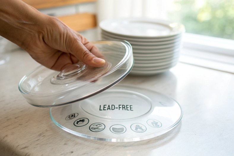 Hand lifting clear glass lid from round lead-free glass plate