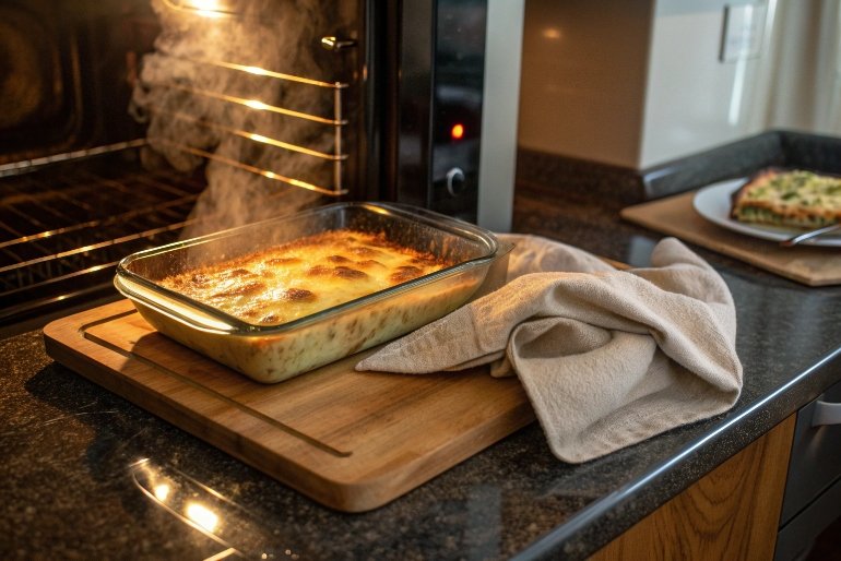 Oven-safe glass baking dish with steaming lasagna on wooden cutting board