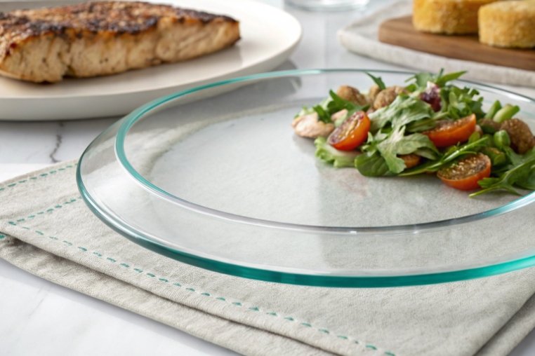 Round transparent glass plate serving fresh salad beside grilled fish