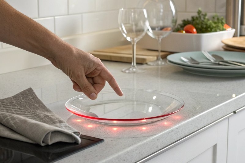 Finger testing hot glass plate with glowing red safety indicator lights
