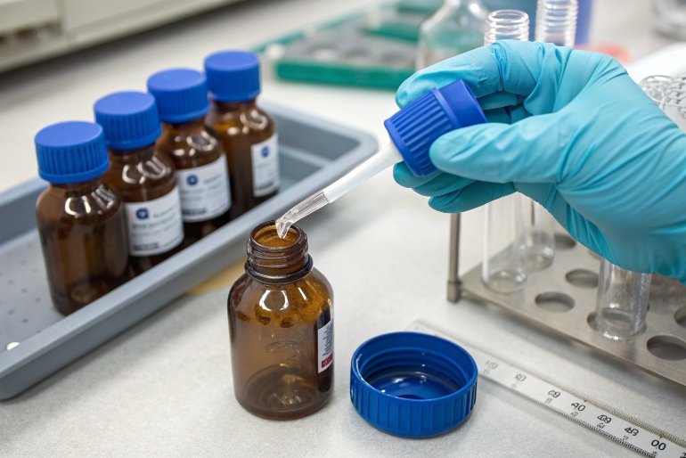 Lab technician pipetting sample into small amber reagent bottle with blue cap