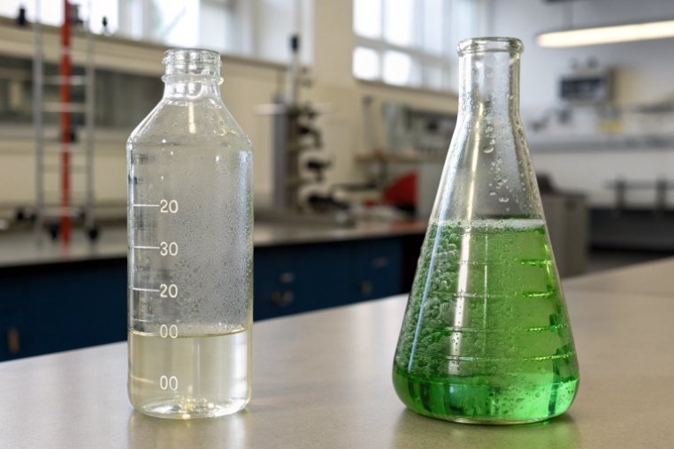 Laboratory glass bottle and Erlenmeyer flask filled with clear and green solutions