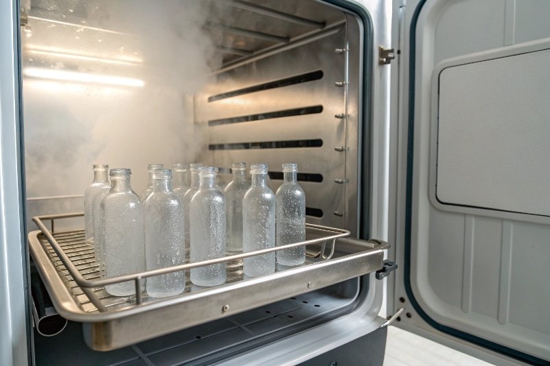 Row of clear glass bottles steaming inside industrial sterilization chamber