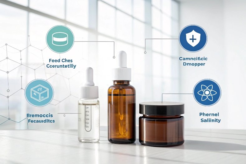 cosmetic glass dropper bottles and jar with skincare benefit icons