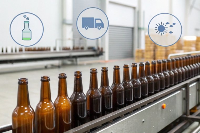 Amber beer glass bottles on conveyor line in beverage factory with process icons