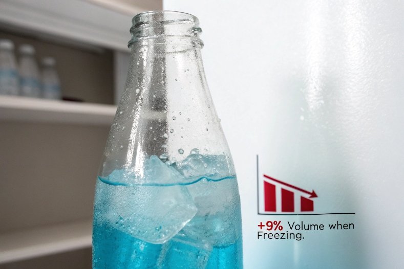 Glass beverage bottle with blue liquid and ice illustrating volume expansion when freezing