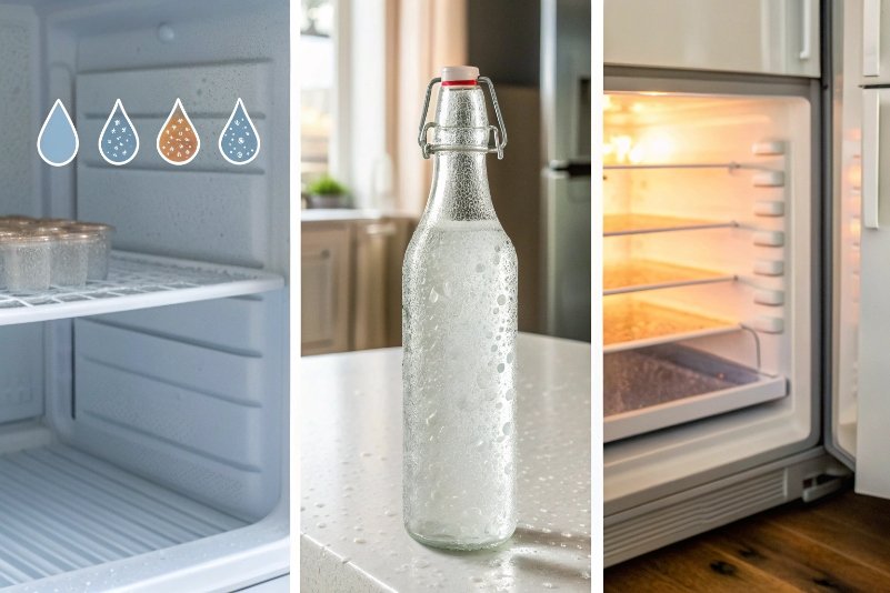 Glass swing top bottle showing condensation between freezer and fridge storage environments