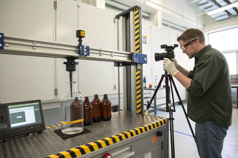 Engineer photographing glass bottle strength test machine in quality lab