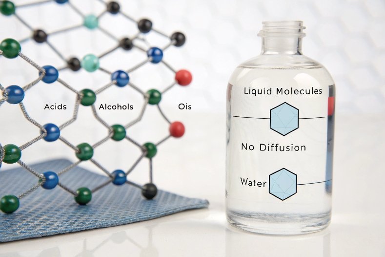glass bottle barrier test showing liquid molecules with no diffusion beside molecule model