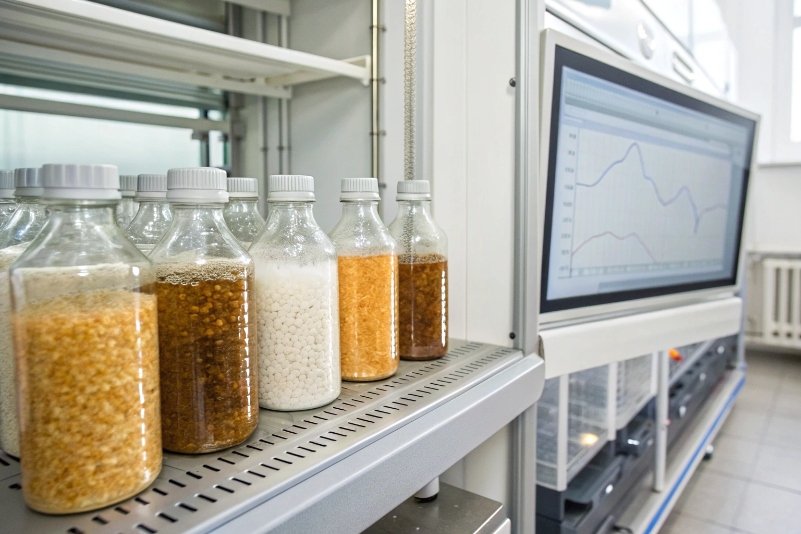 row of glass bottles holding polymer granules in laboratory stability testing chamber